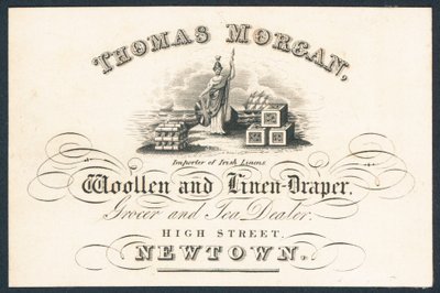Thomas Morgan, pañero y mercero de lino, tendero y comerciante de té, tarjeta comercial de English School