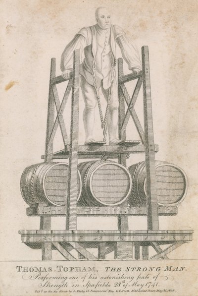Thomas Topham, el hombre fuerte, realizando una de sus asombrosas hazañas de fuerza en Spitalfields, 28 de mayo de 1741 de English School