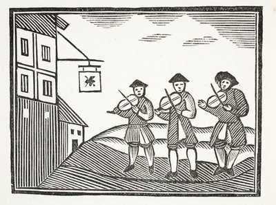 Tres violinistas en Thames Street, que tocaron para un novio en la mañana, quien no les dio nada de beber, ilustración de Chap-books del siglo XVIII de John Ashton, pub. 1882 de English School