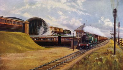 Tres trenes expresos de Londres y South Western Railway en Battledown Junction, Hampshire (litografia en color) de English School