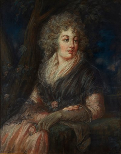 Retrato de una dama de tres cuartos de longitud con vestido del siglo XVIII de English School