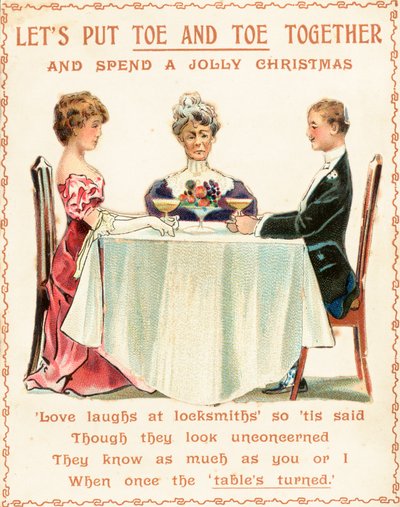 Tres personas malhumoradas sentadas alrededor de la mesa, tarjeta de Navidad de English School