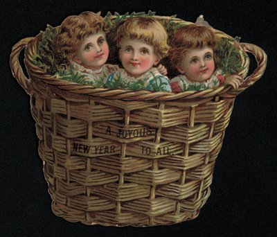 Tres niños en una canasta, tarjeta de felicitación de Año Nuevo de English School