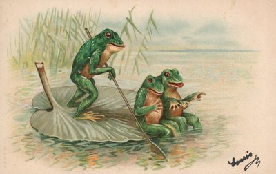 Tres ranas navegando en una hoja de lirio de English School