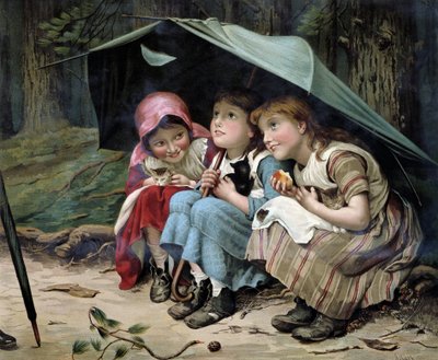 Three little kittens (niñas y gatitos apretujados bajo un paraguas) - Cromolitografía inglesa de English School