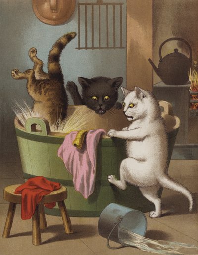 Tres gatitas jugando con una tina de lavado (chromolitho) de English School