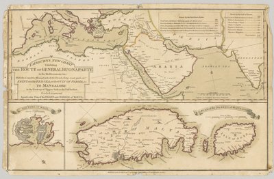 Tres mapas impresos en color: Nuevo Mapa de Fairburn que muestra la ruta del General Bonaparte en el Mar Mediterráneo, 1798 de English School