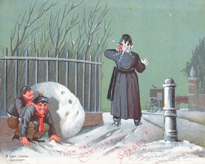 Lanzando bolas de nieve a un policía, tarjeta de Navidad de English School