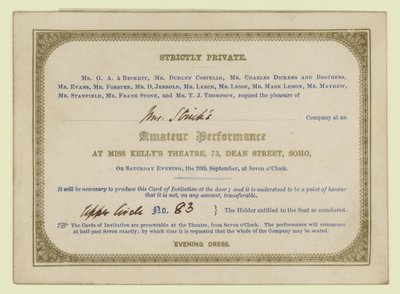 Entrada para la actuación dramática amateur de Charles Dickens, 1845 de English School