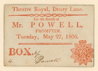 Entrada para el Teatro Drury Lane, Londres: Para el Beneficio del Sr. Powell, apuntador, 27 de mayo de 1806 de English School