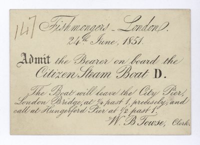 Entrada para que los pescaderos de Londres hagan un viaje en barco en el Citizen Steam Boat, 24 de junio de 1851 de English School