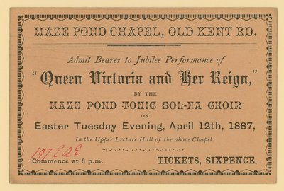 Entrada para una actuación de Queen Victoria and Her Reign de English School
