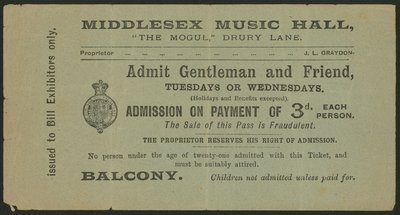 Entrada para el Middlesex Music Hall, The Mogul, Drury Lane, Londres de English School
