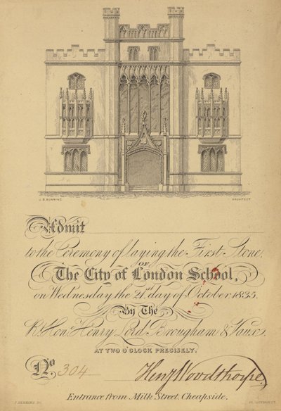Entrada para la colocación de la primera piedra de la Escuela de la Ciudad de Londres, 21 de octubre de 1835 de English School