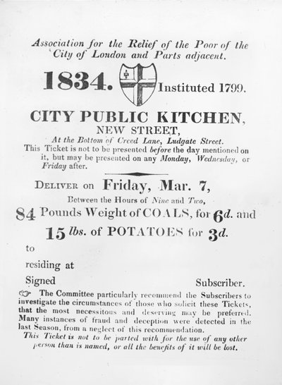 Boleto emitido a los pobres para recibir carbón y papas de la Cocina Pública de la Ciudad, New Street, Londres, 1834 de English School