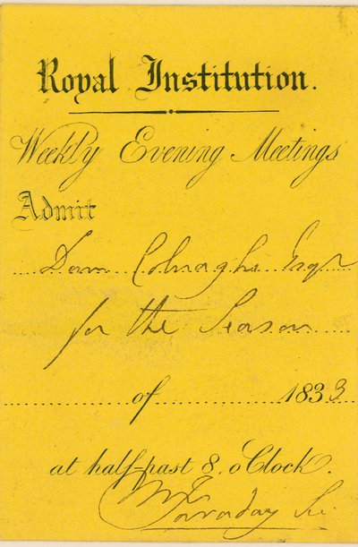 Ticket de admisión a la Royal Institution, Albemarle Street, Londres, para una conferencia de Michael Faraday de English School