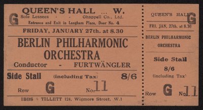 Entrada para un concierto de la Orquesta Filarmónica de Berlín, Queens Hall, Londres, viernes 27 de enero de 1928 de English School