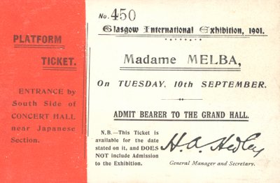 Entrada para escuchar a Nellie Melba en la Exposición Internacional de Glasgow, 1901 de English School