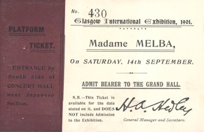 Entrada para escuchar a Nellie Melba en la Exposición Internacional de Glasgow, 1901 de English School