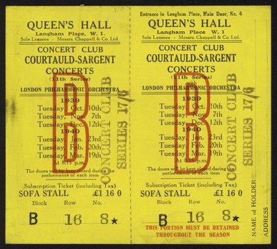 Entrada para los conciertos Courtauld-Sargent, Queens Hall, Langham Place, Londres, 1939-1940 de English School