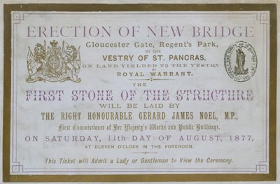 Entrada para la colocación de la primera piedra en el nuevo puente, Gloucester Gate, Regents Park, Londres de English School