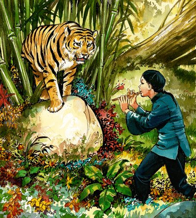 Tigre siendo tocado con la flauta de English School
