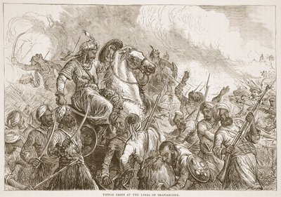 Tippoo Sahib en las líneas de Travancore, ilustración de Cassells Illustrated History of India de James Grant, pub. 1879 de English School