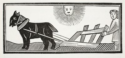 Es un arado que rompe las entrañas de la Tierra para la siembra de maíz, ilustración de Chap-books del siglo XVIII de John Ashton, pub. 1882 de English School