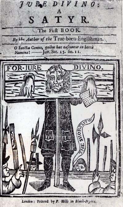 Página de título del primer libro de Jure Divino - Una sátira por Daniel Defoe (1660-1731) publicado en 1706 de English School