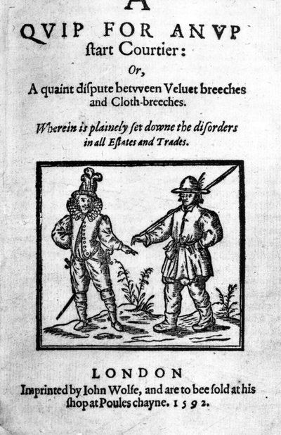 Página de título de A Quip for an Upstart Courtier: o, Una disputa pintoresca entre Velvet breeches y Cloth breeches por Robert Greene, publicado en 1592 de English School