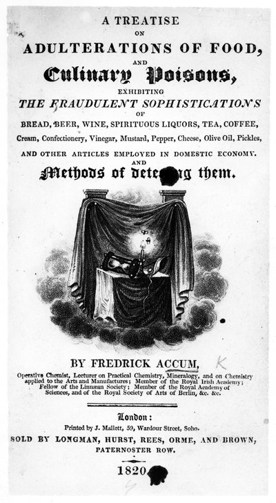 Página de título para A Treatise on Adulterations of Food and Culinary Poisons por Frederick Accum, publicado en 1820 de English School