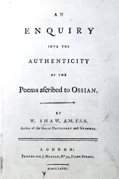 Página de título de An enquiry into the authenticity of the poems ascribed to Ossian por William Shaw, publicado en 1781 (papel impreso) de English School