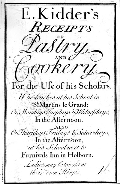 Página de título para E. Kidders Receipts of Pastry and Cookery, por Edward Kidder, publicado c.1730 de English School