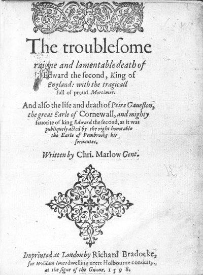 Página de título de Eduardo II de Christopher Marlowe, publicado en 1598 de English School