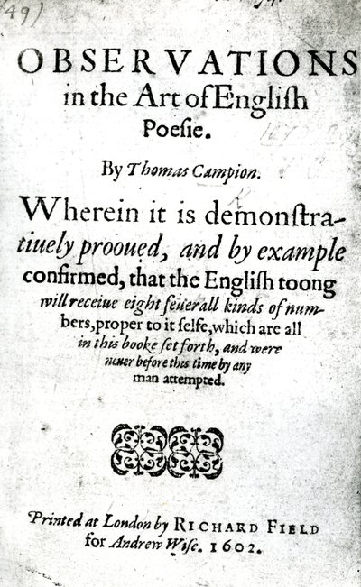 Página de título de Observaciones en el arte de la poesía inglesa de Thomas Campion, publicado en 1602 de English School