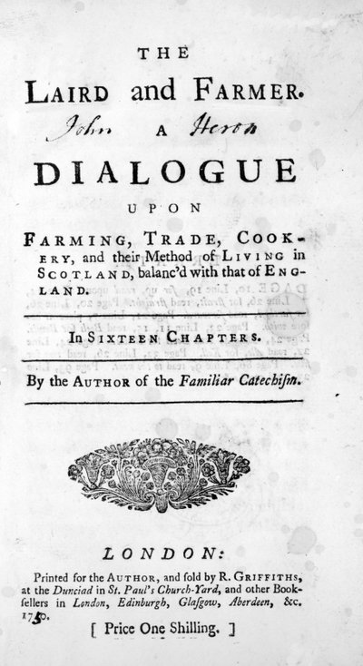Página de título para The Laird and Farmer por el autor de The Familiar Catechism, publicado en 1750 de English School