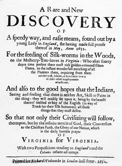 Página de título de The Reformed Virginian Silk-Worm por Samuel Hartlib, publicada en 1652 de English School
