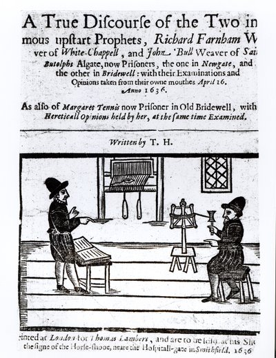 Página de título de Un verdadero discurso de los dos profetas infames, Richard Farnham, tejedor, de White-Chapel, y John Bull, tejedor, de Saint Botolphs, Algate por T.H, 1636 de English School