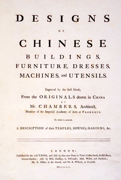 Página de título de Diseños de edificios chinos, muebles, vestidos, máquinas y utensilios, 1757 de English School
