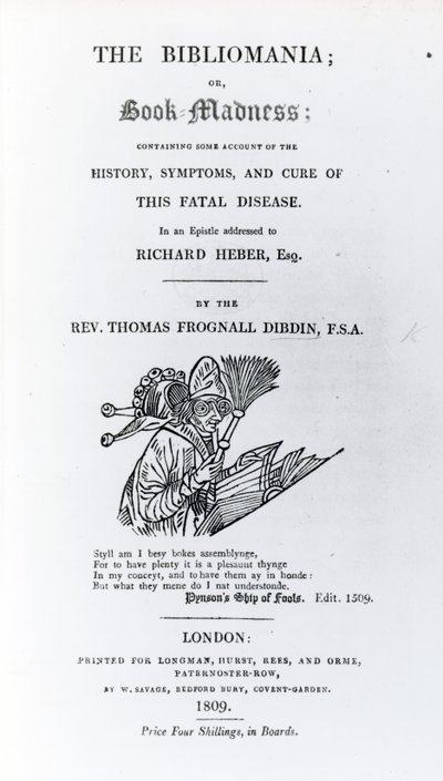 Página de Título de La Bibliomanía por Rev. Thomas Frognall Dibdin, publicado 1809 (papel impreso) de English School