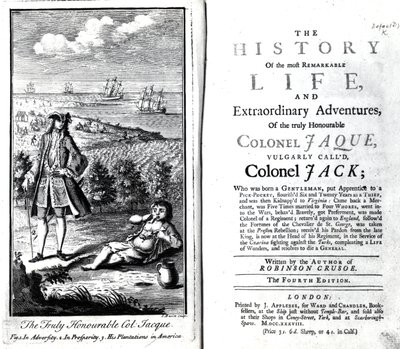 Página de título y frontispicio de The History of the most Remarkable Life and Extraordinary Adventures of the truly Honourable Colonel Jaque por Daniel Defoe, 1738 de English School