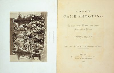 Página de título y portada de Gran caza en el Tíbet, los Himalayas y el norte de la India por el Coronel Alexander Kinloch, publicado en 1885 de English School