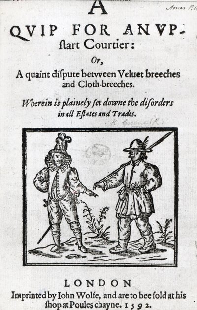 Página de título de A Quip for an Upstart Courtier por Robert Greene, 1592 de English School
