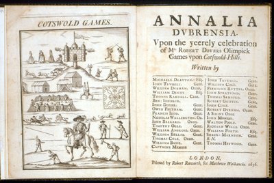 Página de título de Annalia Dubrensia: Sobre la celebración anual de los Juegos Olímpicos del Sr. Robert Dover en las colinas de Cotswold, 1636 de English School
