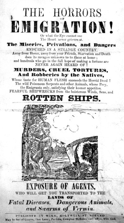 Página de título de un folleto sobre The Horrors of Emigration! (papel impreso) de English School