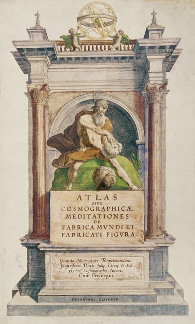 Página de título del Atlas sive Cosmographicae meditationes de fabrica mundi et fabricati figura de Mercator, 1595 de English School