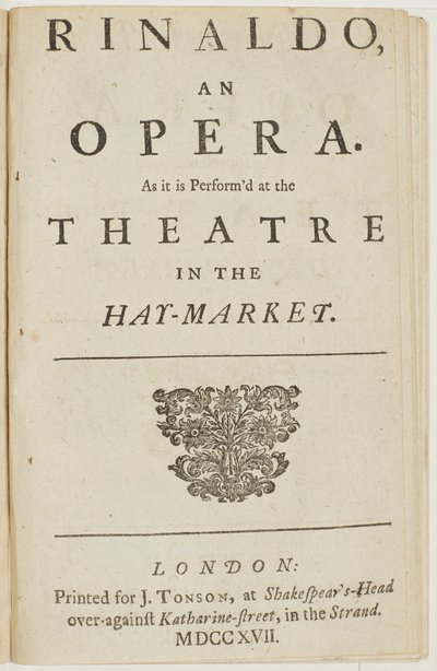 Página del libreto de la ópera "Rinaldo" de Handel, por Giacomo Rossi, 1717 de English School
