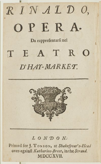 Página de título del libreto de la ópera "Rinaldo" de Handel, por Giacomo Rossi, 1717 de English School