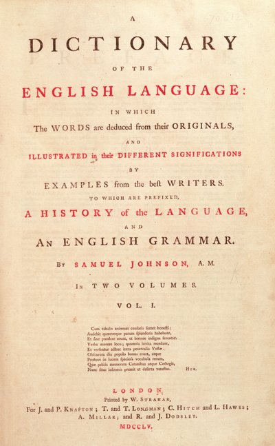 Página de título del Diccionario de la Lengua Humana de Johnson, Londres, 1755 de English School