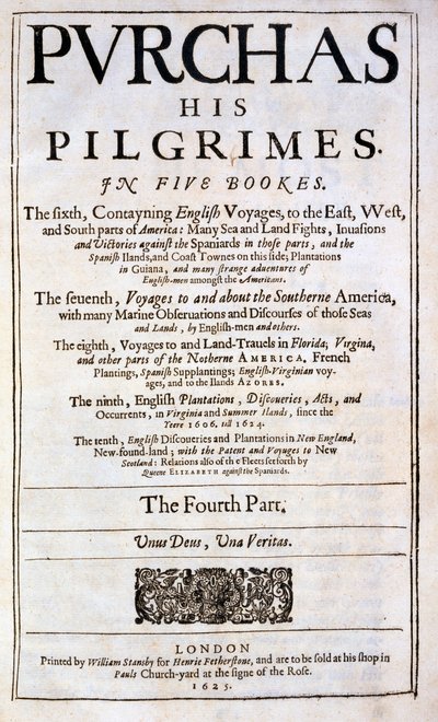 Página de título de Purchas sus peregrinos por Samuel Purchas, publicado en 1625 de English School